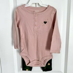 Carter’s Blush Long Sleeve Onesie and Green Camouflage Pants with Gold Hearts